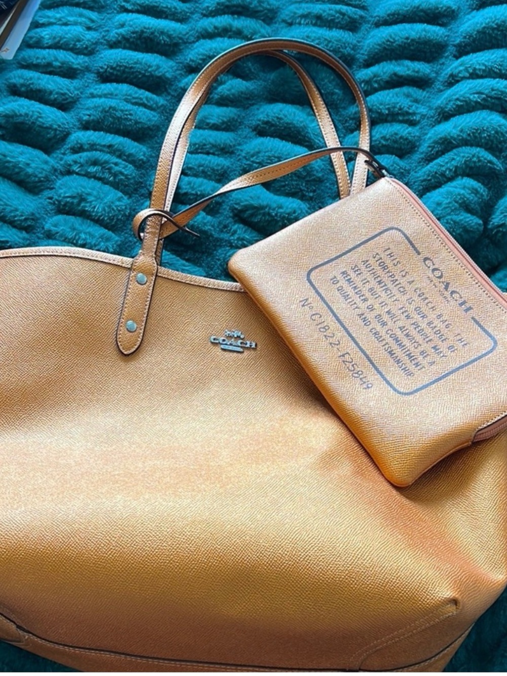 Coach Orange Leather Tote with Matching Coach Wristlet - Tan
